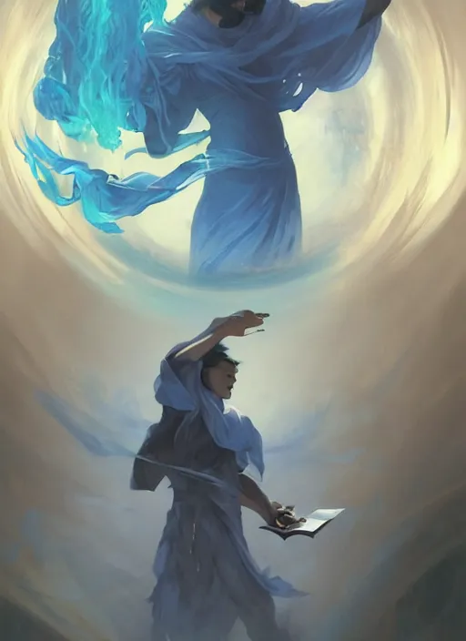 Prompt: character concept portrait of an attractive young sleepy Spanish wizard with blue skin conjuring an ocean spell, a floating iridescent spell book in the center, intricate, elegant, digital painting, concept art, smooth, sharp focus, illustration, from Metal Gear, by Ruan Jia and Mandy Jurgens and William-Adolphe Bouguereau, Artgerm