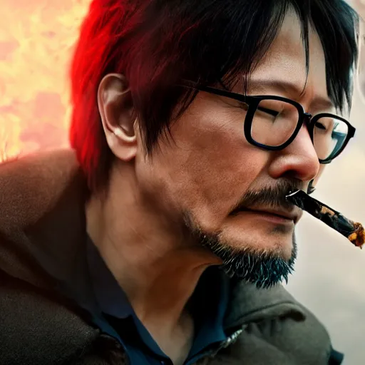 Image similar to hideo kojima smoking a blunt, lens flare, 4 k, detailed, global illumination, realistic, volumetric smoke