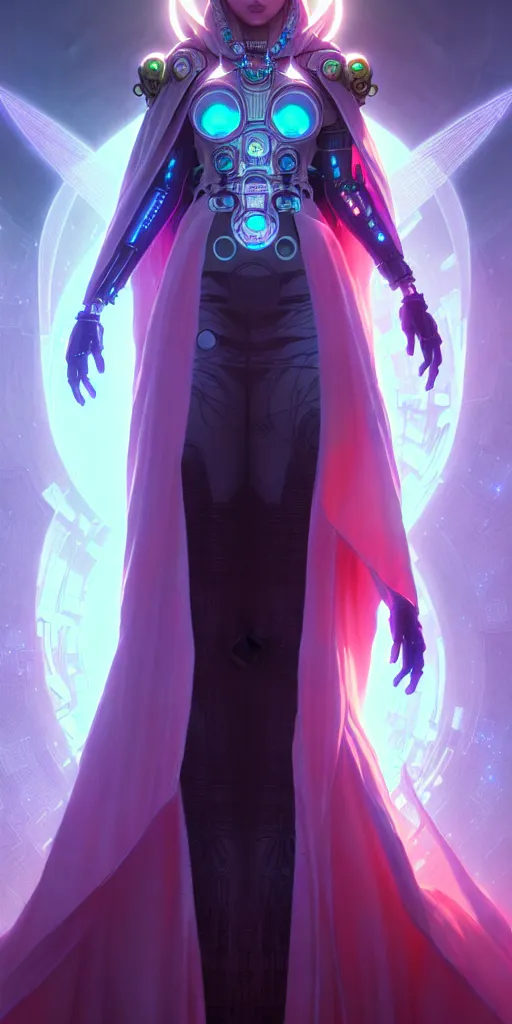 Image similar to ultra detailed female android deity, wearing a cloak, ethereal flowerpunk, scifi, fantasy, cyberpunk octane render, unreal engine, asymmetrical!!! intricate concept art, triadic color, art by artgerm and greg rutkowski and alphonse mucha, 8 k