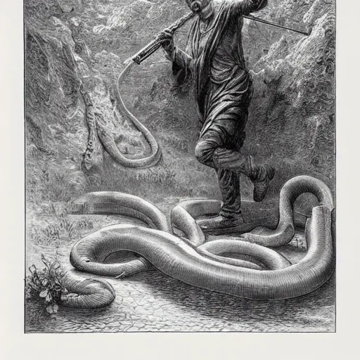 Image similar to Adam shooting the snake with an AK-47 in the heavenly gardens, biblical painting by Gustave Doré, black and white palette, detailed