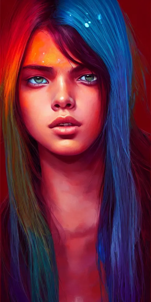 Image similar to colorful and festive captivating teenager with straight brown hair covering his eye, dark skin, big lips, big eyes, wearing a red t - shirt. rich vivid colors, ambient lighting, dynamic lighting, 4 k, atmospheric lighting, painted, intricate, highly detailed by charlie bowater