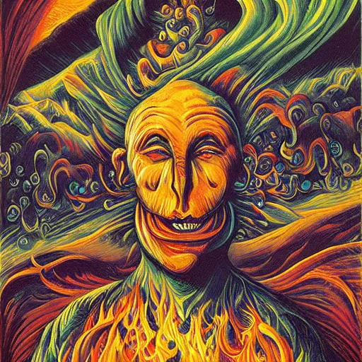 Prompt: anthropomorphic god of fire, surreal by dan mumford and umberto boccioni, oil on canvas