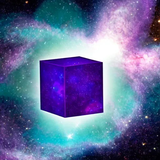 Image similar to an 11 dimensional cube floating in space in front of a violet galaxy with specs of stellar dust shining in the backness
