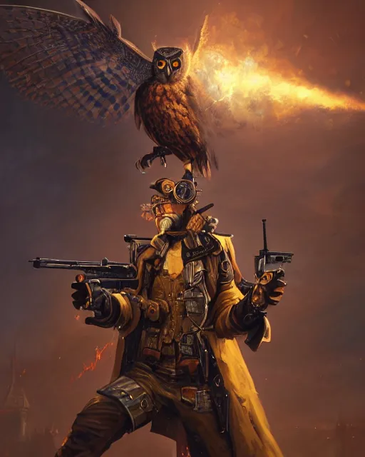 Image similar to oil painting of Anthropomorphized Owl Sniper, holding steampunk gun, sharp focus, exploding golden steampunk city background, full body, heroic pose, fantasy style, octane render, volumetric lighting, 8k high definition, by greg rutkowski, highly detailed, trending on art Station, magic the gathering artwork, centered, dramatic artwork, combat scene