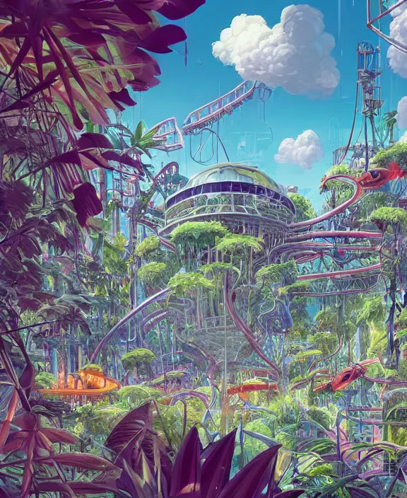 Prompt: simplicity, an amusement park made out of predatory organic creatures, in the style of an asymmetrical spaceship, overgrown with orchids, partly cloudy, sun - drenched, by dan mumford, yusuke murata, makoto shinkai, ross tran, cinematic, unreal engine, cel shaded, featured on artstation, pixiv