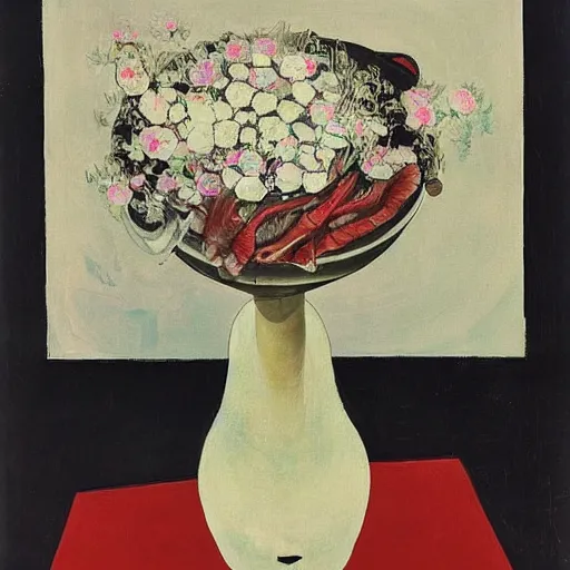 Image similar to “a portrait in an art student’s apartment, a feminine pig in a rotenburo, hakone, pork, ikebana white flowers, white wax, squashed berries, acrylic and spray paint and oilstick on canvas, by munch and Dali”