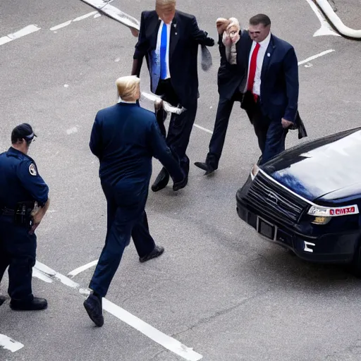 Image similar to candid ap press photo of president trump in handcuffs escorted by 3 fbi agents, walking him into a police car, new york times, wide angle lens, highly detailed portrait, 4 k uhd, sony camera, f / 2 2