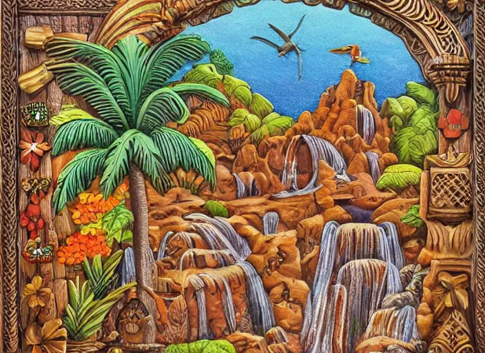 Image similar to colorized stylized bas relief sculpture of a tropical paradise with a waterfall and a detailed ornate frame in mexico folk art style