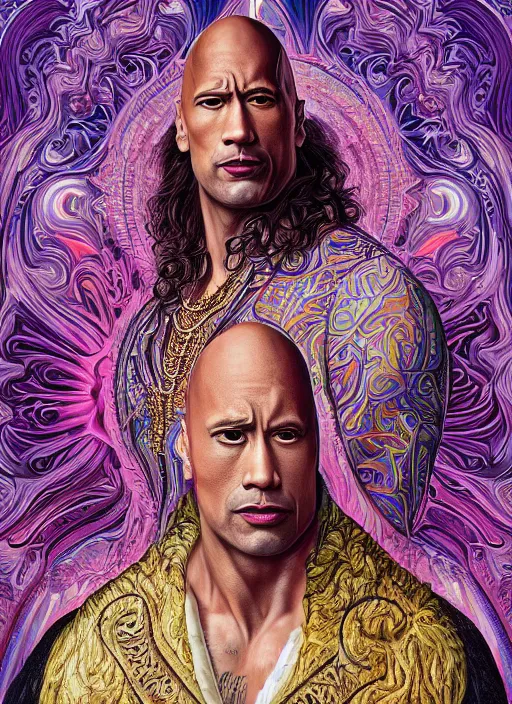 Image similar to beautiful oil painting, full length portrait of Dwayne the rock Johnson as Louis xiv in coronation robes 1701, Dan Mumford, Dan Mumford, Alex grey, Alex grey, highly detailed , lsd visuals, dmt fractal patterns, hallucinogen, visionary art, psychedelic art, ornate, vaporwave