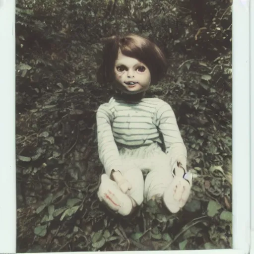 Prompt: Polaroid photo of a creepy doll found in a forest bush through the leaves