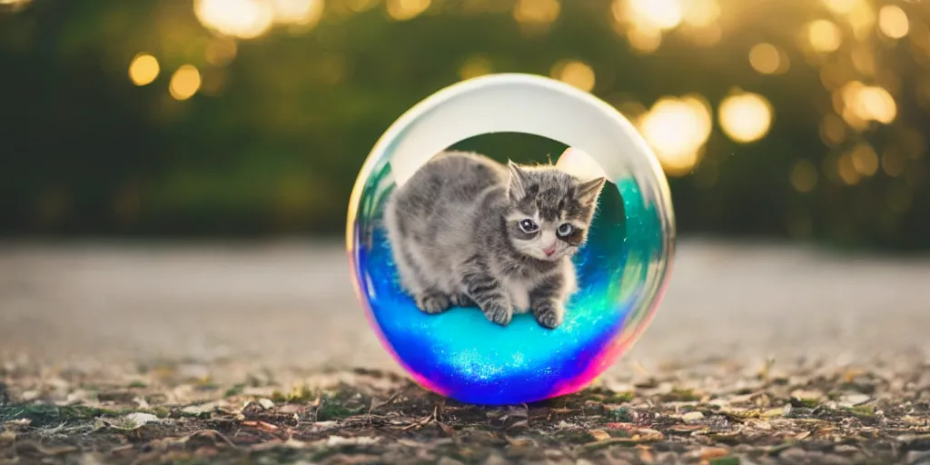 Image similar to an adorable kitten stuck inside of a giant iridescent floating soap bubble, bokeh, golden hour, back yard, golden hour