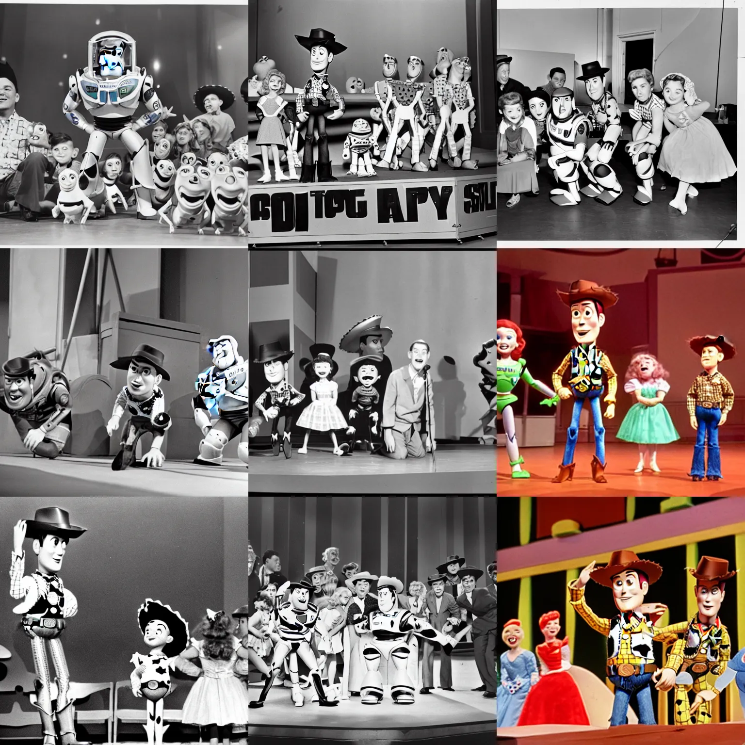 Prompt: photograph from the stage production of Toy Story 1959