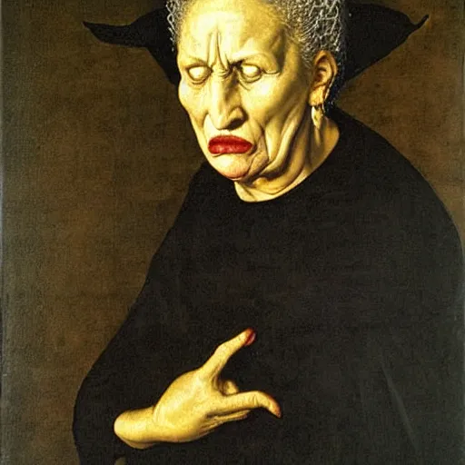 Image similar to an ugly very old woman, witch, angry, hate, mannerism, by Agnolo Bronzino