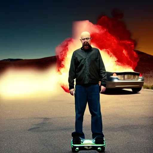 Image similar to Walter White from Breaking Bad (2008) standing on a hoverboard with an exploding car behind him, HDR, 8k,