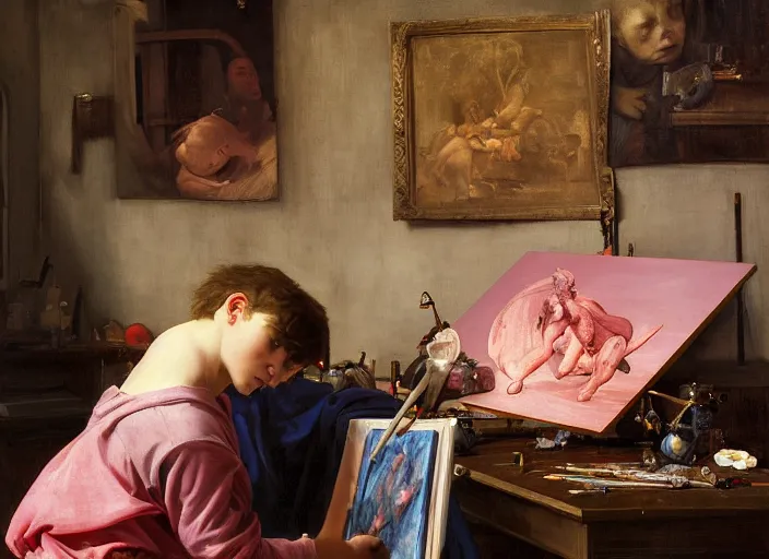 Prompt: a young painter in his studio painting a picture of a pink pokemon, by edgar maxence and caravaggio and michael whelan and delacroix style, artistic, intricate drawing, cinematic lighting, hyper realistic, extremely detailed, establishing shot, 8 k resolution, dramatic lighting