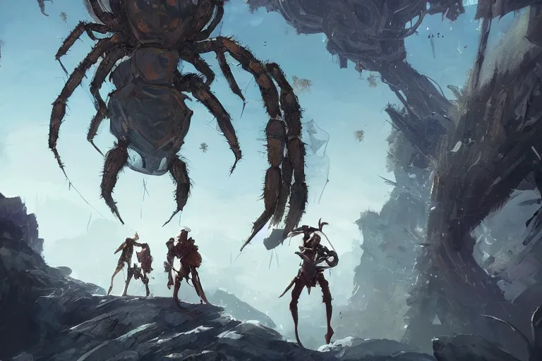 Prompt: an adventurer group with a giant spider behind them, epic, digital art in the style of Greg Rutkowski and Craig Mullins, 4k