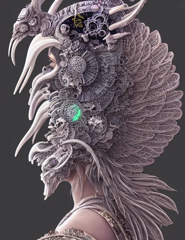 Image similar to 3 d goddess close - up profile solarpunk portrait ram skull. beautiful intricately detailed japanese crow kitsune mask and clasical japanese kimono. betta fish, jellyfish phoenix, bio luminescent, plasma, ice, water, wind, creature, artwork by tooth wu and wlop and beeple and greg rutkowski