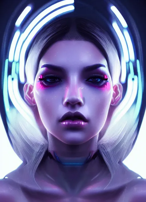 Image similar to photorealistic portrait of female humanoid, cyber neon lights, highly detailed, cyberpunk haute couture fashion, elegant, crispy quality, trending in artstation, trending in pinterest, glamor pose, no signature, no watermark, cinematic, art by artgerm and pascal blanche