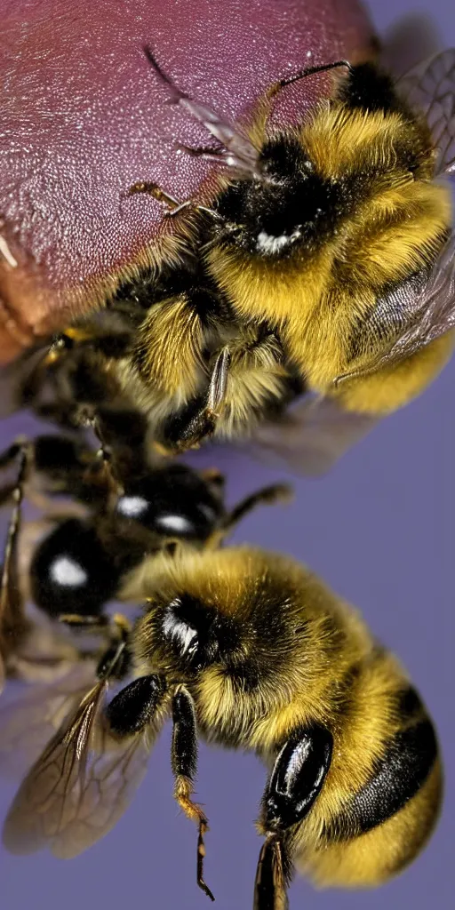 Prompt: fat bee sleeping inside human lips, airbrush catalogue diagram scientific photography