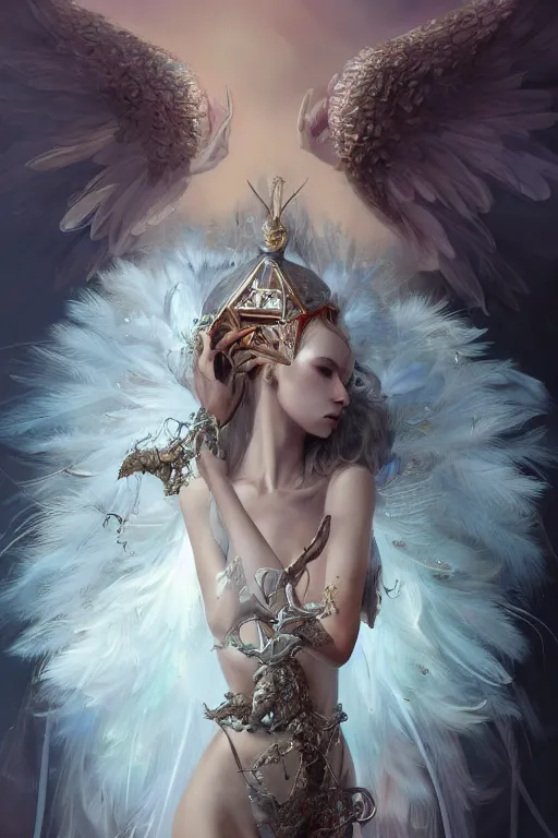 Image similar to beautiful model wearing crystal white feathers, diamonds, angel, fantasy, dramatic lighting, highly detailed, digital painting, holding electricity, magic the gathering, hyper detailed, 3 d render, hyper realistic detailed portrait, peter mohrbacher, wlop, ruan jia