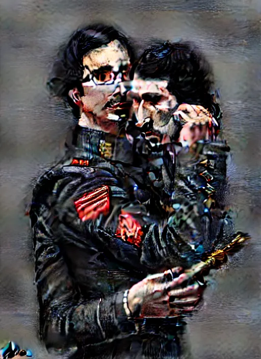 Prompt: a portrait of john oliver clutching a portrait of adam driver, military uniform, fantasy, intricate, elegant, beautiful, highly detailed, charcoal, centered, dark, smokey, digital painting, artstation, concept art, smooth, sharp focus, illustration, art by artgerm and greg rutkowski and alphonse mucha