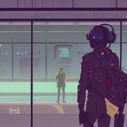 Prompt: a solider waiting for a train at a train station, cyberpunk art by tomer hanuka, cgsociety, photorealism, matte drawing, digital illustration, digital painting