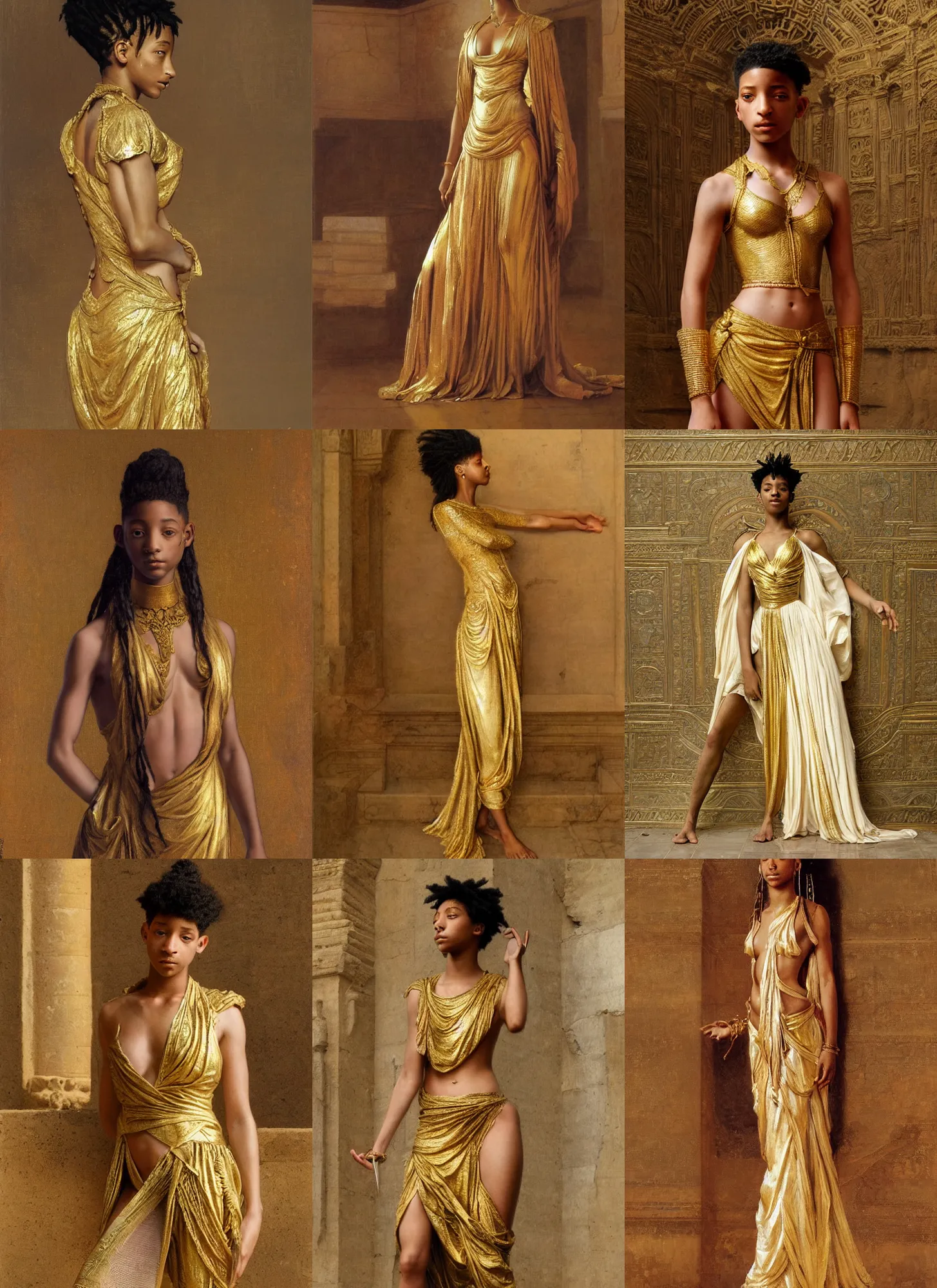 Prompt: willow smith in ancient assyrian palace, gold dress and barechest, intricate, elegant, highly detailed, artstation, concept art, sharp focus, ruan jia, jurgens, orientalism, bouguereau