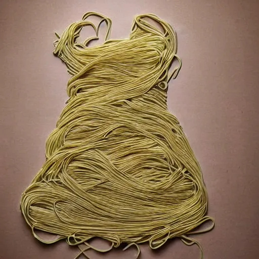 Prompt: a dress made out of spaghetti