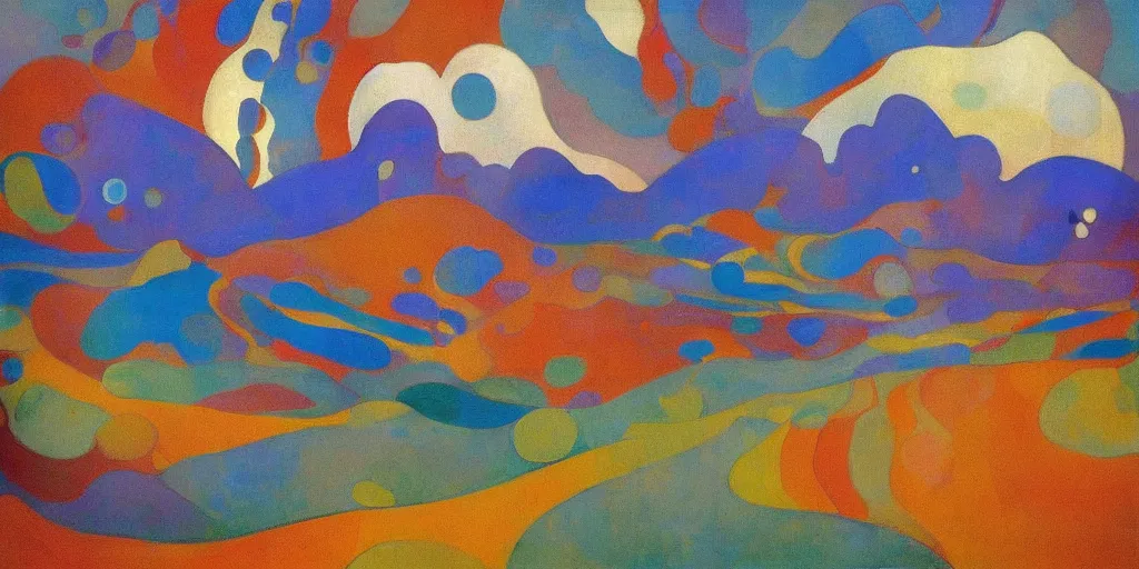 Image similar to An insane, modernist landscape painting. Wild energy patterns rippling in all directions. Curves, organic, zig-zags. Mountains, clouds. Rushing water. Waves. Psychedelic dream world. Odilon Redon. Alex Katz.