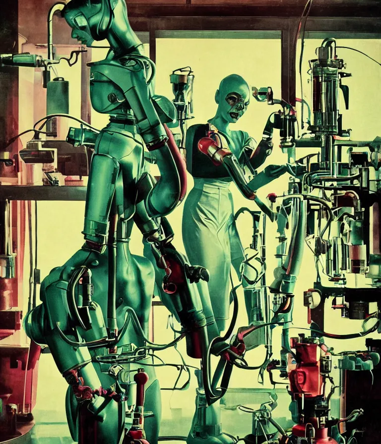 Image similar to a female mad scientist woman building a humanoid robot - man, in a darkly lit laboratory room, 1 9 5 0 s horror movie poster style, ( norman rockwell oil painting ), tight shot, close - up shot, retro science fiction, vintage, saturated pink and green lighting, shadowy lighting, cohesive