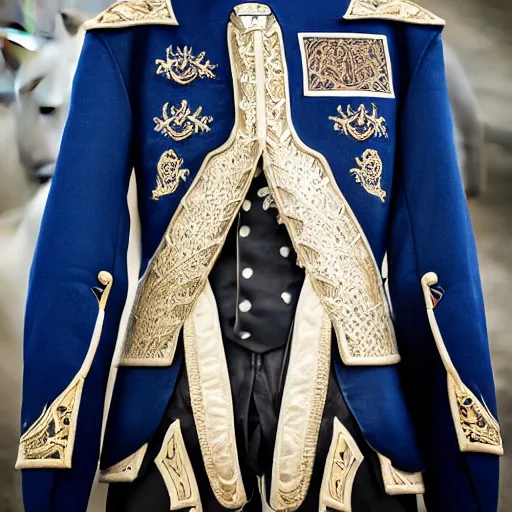 Image similar to low angle upper view of adult Austin Butler dressed in futuristic-baroque prussian blue duelist-garb with Griffin-Ram embroidery emblem, and nanocarbon-vest and greaves, standing in an arena in Dune 2020, XF IQ4, f/1.4, ISO 200, 1/160s, 8K, RAW, unedited, symmetrical balance, face in-frame