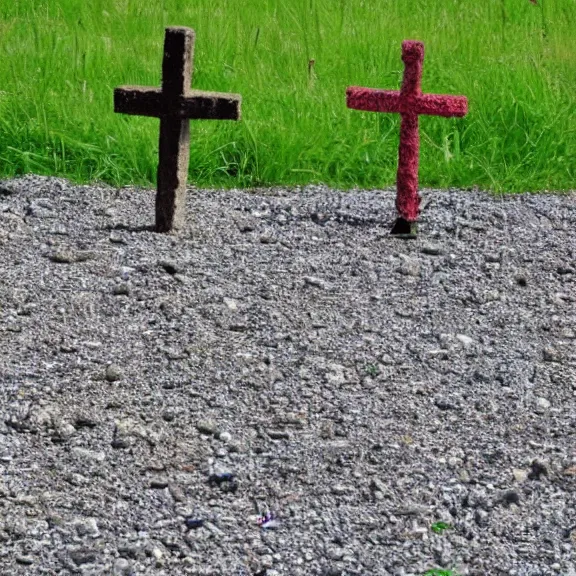 Image similar to crosses on gravel hill, child ’ s drawing