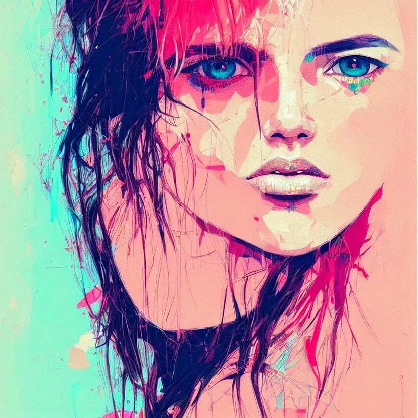 Image similar to close up portrait painting of a female in nineties street styling, concept art, intricate details, aesthetically pleasing pastel colors, art by conrad roset, impressionism, portrait