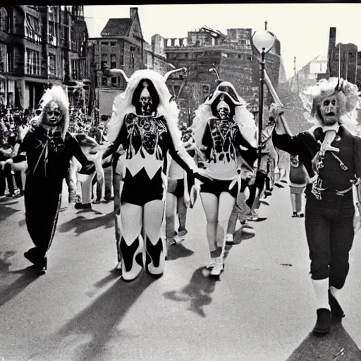 Prompt: Satanic States of America, alternate history, Satanic parade, 1976, cheering crowds, Baphomet float, 70s fashion, Polaroid
