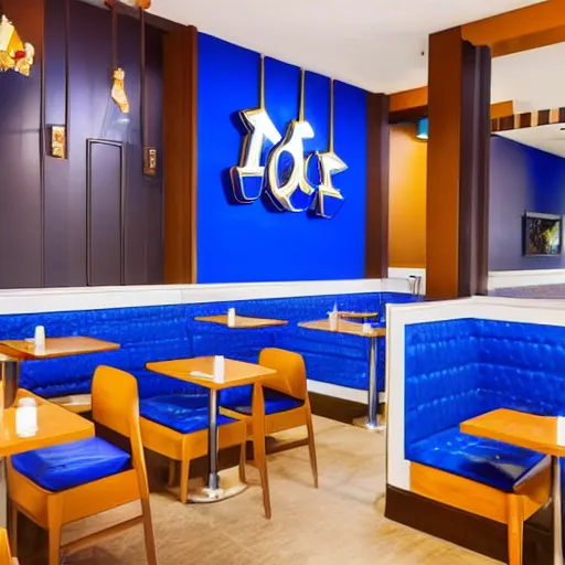 Image similar to McDonald's Restaurant, Blue themed, blue colors, blue walls, blue logo, 4k, realistic, award-winning photograph