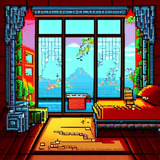 Prompt: view from corner looking into a 9 0 s bedroom, beautiful detailed pixel art, intricate details, beautiful, dithered gradients, volumetric lighting, 3 d illustration, old school computer game graphics, crpg, d & d, pixel art