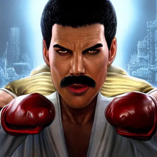 Prompt: freddy mercury as ryu street fighter, face detail, ultra realistic, concept art, intricate details, highly detailed, photorealistic, octane render, 8 k, unreal engine, art by frank frazetta, simon bisley, brom