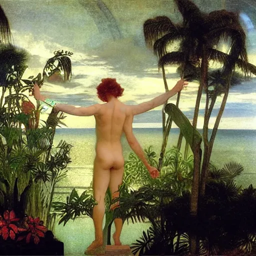 Image similar to The maze, refracted sparkles, thunderstorm, greek pool, beach and Tropical vegetation on the background major arcana sky, by paul delaroche, alphonse mucha and arnold böcklin, hyperrealistic symmetrical 8k, award-winning, very very very detailed