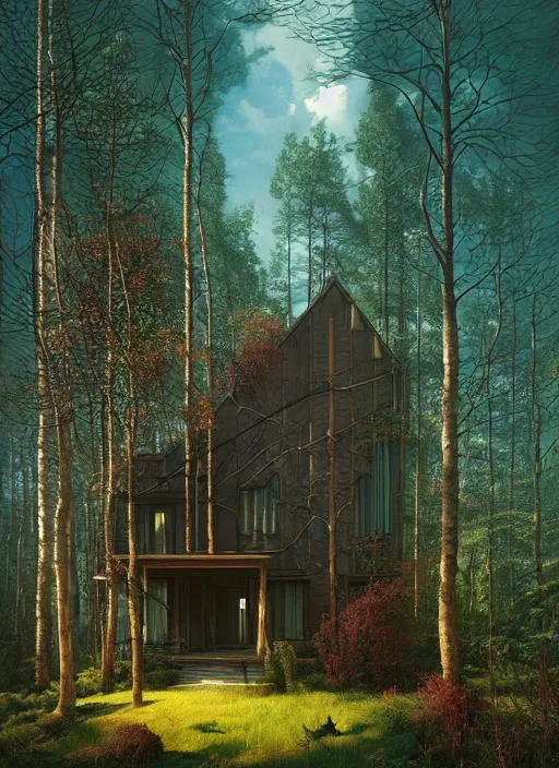 Image similar to hyper realistic witchy modern house with mood lighting and tech in the woods gorgeous lighting, blue sky, highly detailed, lush forest foliage painting by zdzisław beksinski and norman rockwell and greg rutkowski weta studio, and lucasfilm