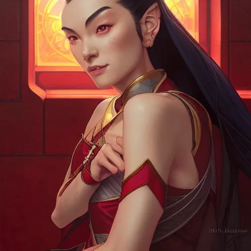 Image similar to Princess Azula from Avatar The Last Airbender, D&D, fantasy, intricate, elegant, highly detailed, digital painting, artstation, concept art, matte, sharp focus, illustration, art by Artgerm and Greg Rutkowski and Alphonse Mucha