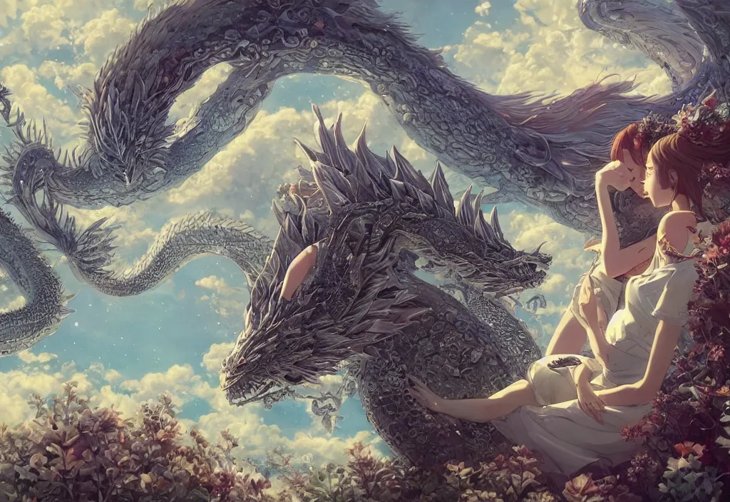 Image similar to the beautiful hyper detailed scene render that a beautiful girl lies in the arms of a huge silver dragon alone in the fairyland surrounded by white clouds, in the style of makoto shinkai victo ngai and peter mohrbacher studio ghibli artgerm karol bak beeple, animation style, 8 k hd, dream, ultra wide angle, animation style