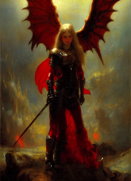 Prompt: angel knight gothic girl in dark and red dragon armor. by gaston bussiere, by rembrandt, 1 6 6 7, artstation trending, blue light