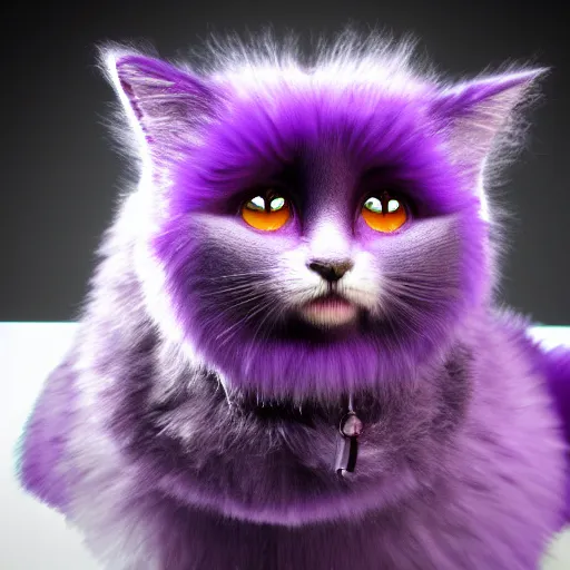 Image similar to purple batman cat with a lot of fur synth wave smiling ultra realistic photorealistic high quality highly detailed 8 k