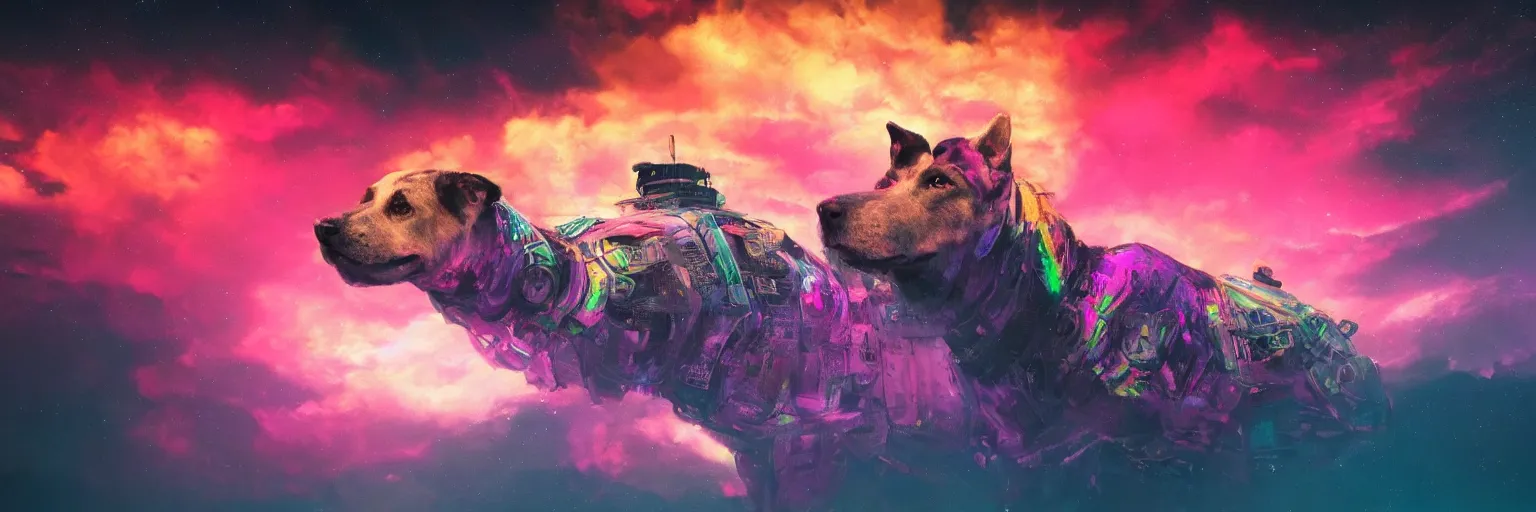 Prompt: hyperdetailed illustration, portrait big dog face, mohawk, stars, dark, pink, big train in space, pirate neon ship, neon, oil painting, rich deep colors masterpiece, ultra detailed, contrast, heaven pink, clouds, volumetric light, atmospheric lighting, dramatic, cinematic, moody, octane render 4 k, 8 k