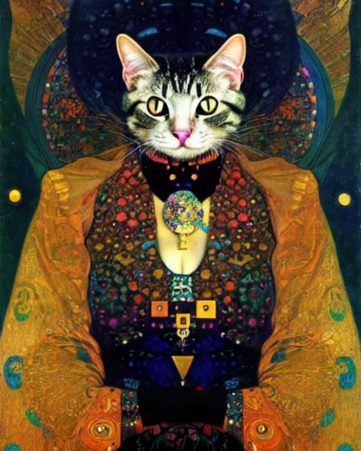 Prompt: magician cat portrait an oil painting splashes with many colors and shapes by gustav klimt greg rutkowski and alphonse mucha, polycount, generative art, psychedelic, fractalism, glitch art