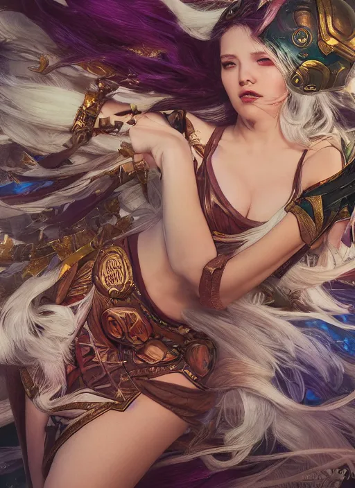 Prompt: league of legends advertisement photography by mucha, extremely coherent, sharp focus, elegant, render, octane, detailed, award winning photography, masterpiece, rim lit