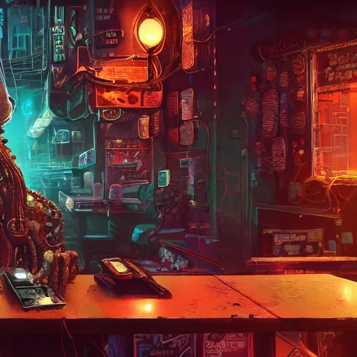 Image similar to a high quality portrait of octopus Davy Jones in a cyberpunk cyberpunk cyberpunk cafe, realism, 8k, award winning photo