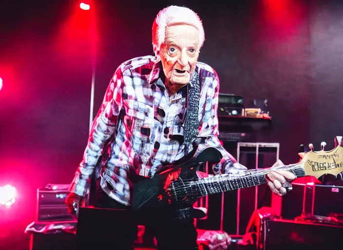 Image similar to publicity photo still of bob barker in a death metal band playing live on stage, 8 k, live concert lighting, mid shot