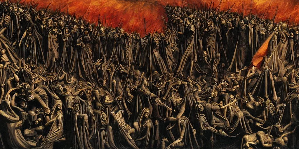 Image similar to dante's inferno painting, with people in black hooded tunic like in the film eyes wide shut of stanley kubrick, illuminati symbol, crows, skeletons, crosses, dark beauty, rotten gold, perfect faces, extremely detailed, cinema 4 d, unreal engine.