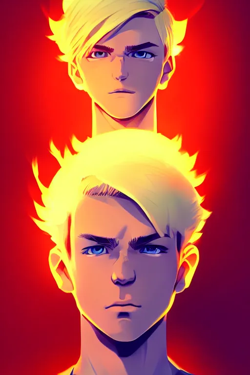 Image similar to character art by ilya kuvshinov, young man, blonde hair, on fire, fire powers